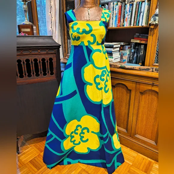 Vintage 1970s Merry Finn Floral Maxi Dress in Blue, Green, and Yellow - Picture 1 of 9